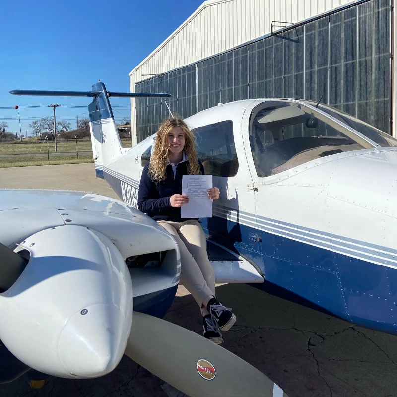 Ideal Aviation student right after she passed her multi engine checkride
