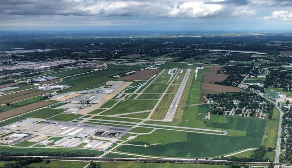 Aerial view of St. Louis Downtown Airport and the surrounding area